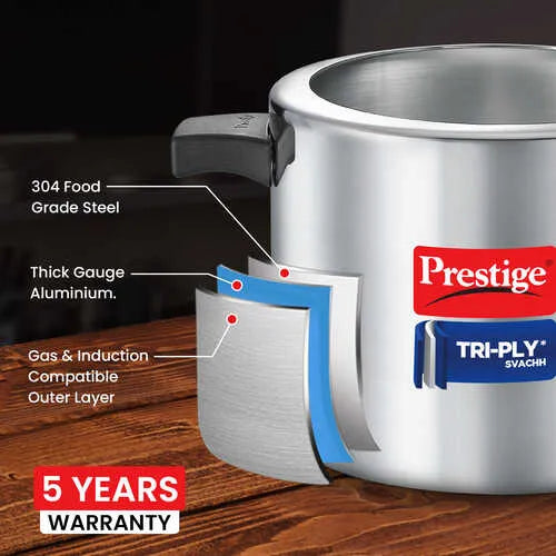 Prestige 5 L Tri-Ply Svachh Inner Lid Pressure Cooker| Gas and Induction Compatible| Spillage Control| Even Heat Distribution| Low Cooking Oil| Faster Cooking| 5 Years Warranty| Silver