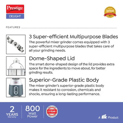 Prestige Delight 750 W Mixer Grinder, 3 Stainless Steel Jars (1500 ml, 1000 ml, 300 ml) (Charcoal Grey)