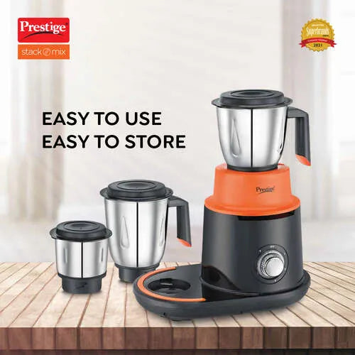 Prestige 750 Watts Stack-O-Mix Mixer Grinder with 3 Stainless Steel Jars| Jar Storage| Inclined Water Draining Outlet| Orange and Black