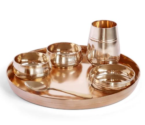 Kansa Handi Dinner Set | 6 Pcs - 1 Platter Dai 12 inch, 2 Bowl (Katori), 1 Sweet Dish, 1 Glass(Tumbler), 1 Spoon
