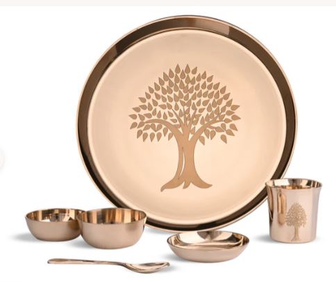 Kansa Dinner Set | 6 Pcs Tree Design Glossy Finished – 1 Platter Dai 12 Inch, 2 Bowl (Katori), 1 Sweet Dish, 1 Glass(Tumbler), 1 Spoon
