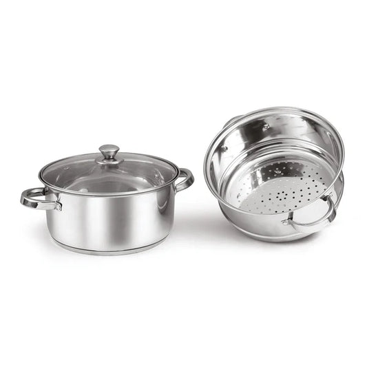 All Rounder Steamer Two Tier (18cm) | Momo/Modak Maker With Glass Lid & Riveted Handles 18cm (Induction And Gas Stove Friendly)