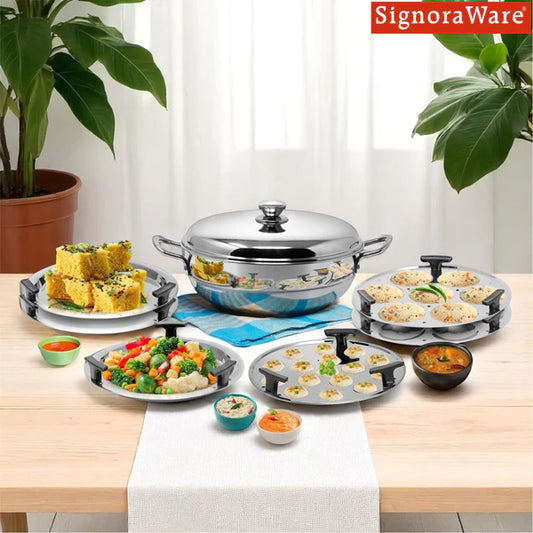 7 Pcs. All Rounder Multi Kadhai | Induction Bottom | All-in-One Stainless Steel Kadhai