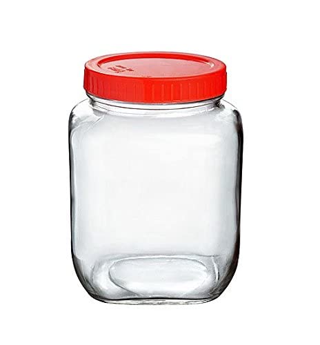 Yera Glass Square Clear Jars & Containers||for Kitchen Pantry,Snacks, Masala, Honey, Pickles,Cookies,Dry Fruits,and Coffee Beans Storage||Plastic Red Lid (Aahar Jar) (1000ml, Set Of 2)