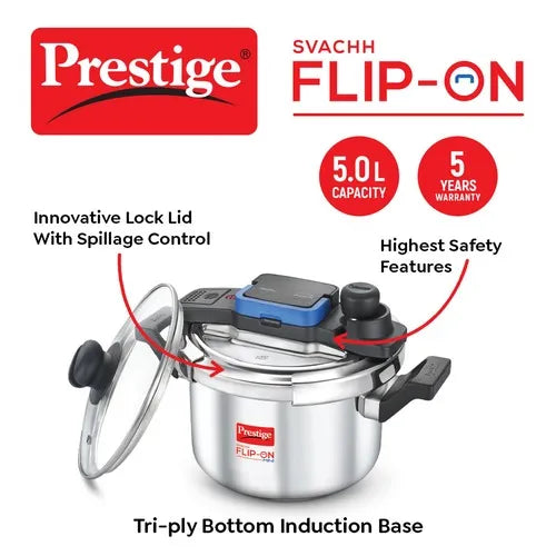 Prestige Svachh Flip-on Stainless Steel Spillage Control Pressure Cooker with Glass Lid, 5 Litre (Silver)
