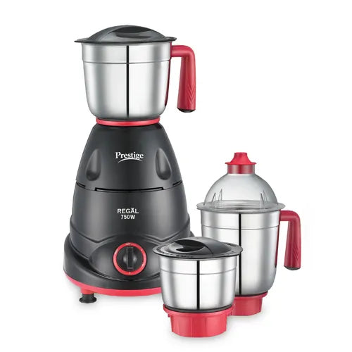 Prestige 750 Watts Regal Mixer Grinder with 3 Stainless Steel Jars| Appealing Design| Sturdy Handles| Red and Black