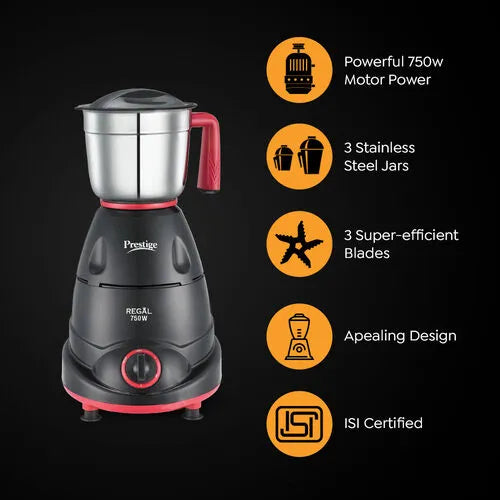 Prestige 750 Watts Regal Mixer Grinder with 3 Stainless Steel Jars| Appealing Design| Sturdy Handles| Red and Black