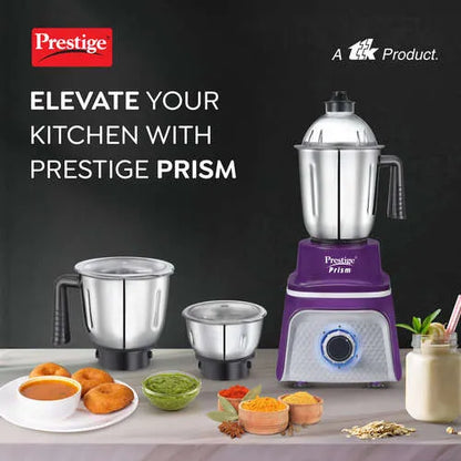 Prestige 750 Watts Prism Mixer Grinder with 4 Jars (3 Stainless Steel Jars + 1 Juicer Jar)| LED Power Indicator|Flow Breaker Design|Juicer Extractor Jar| Purple and White
