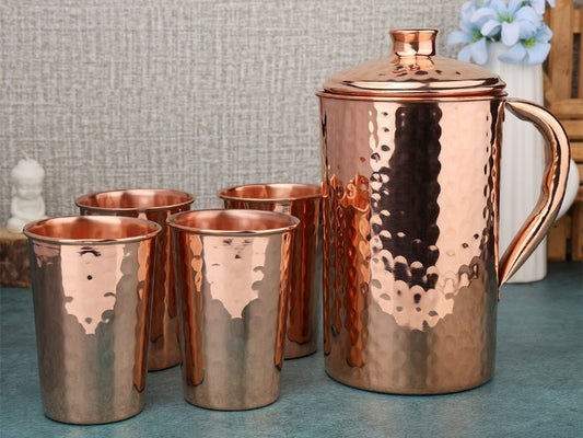 Hammered Copper Pitcher With 4 Tumblers Ayurveda Health Set
