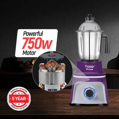 Prestige 750 Watts Prism Mixer Grinder with 4 Jars (3 Stainless Steel Jars + 1 Juicer Jar)| LED Power Indicator|Flow Breaker Design|Juicer Extractor Jar| Purple and White
