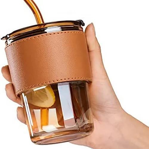 Glass Tumbler with Leather Sleeve & Reusable Straw | Leakproof Lid | Ideal for Coffee, Juice, Iced Tea & More