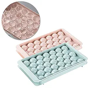 Mini Round Ice Cube Tray with Lid Ball Maker for Fresh Juice, Mocktails, Whiskey, Cocktails, Tea & Coffee 33 Cavity, Easy Release Stackable in Freezer , Pink
