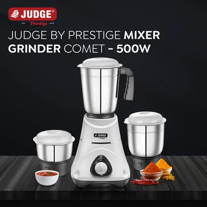 Judge by Prestige 500 Watts Comet Mixer Grinder with 3 Stainless Steel Jars| 3 Efficient Stainless Steel blades| Overload Protector| 2 Years warranty