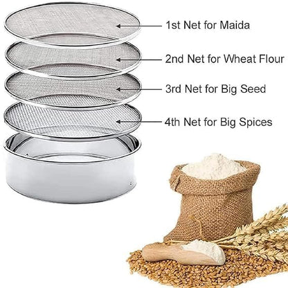 4 in 1 Stainless Steel Interchangeable Sieve Set of 5 Flour Chalni Spices Food Strainers Atta Chalni Jaali Channi Atta Maida Strainer Silver