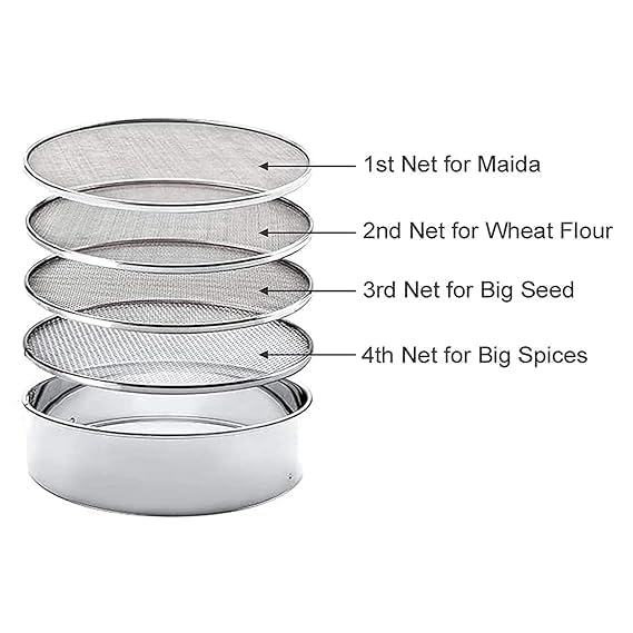4 in 1 Stainless Steel Interchangeable Sieve Set of 5 Flour Chalni Spices Food Strainers Atta Chalni Jaali Channi Atta Maida Strainer Silver