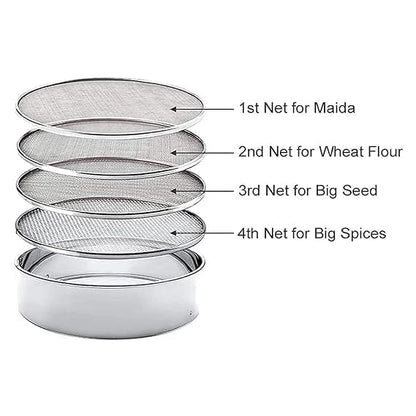 4 in 1 Stainless Steel Interchangeable Sieve Set of 5 Flour Chalni Spices Food Strainers Atta Chalni Jaali Channi Atta Maida Strainer Silver