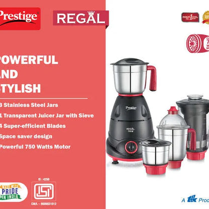 Prestige 750 Watts Regal Mixer Grinder with 4 Jars (3 Stainless Steel Jars + 1 Juicer Jar)
