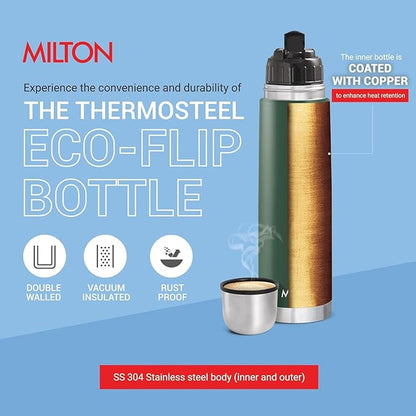 Milton Eco-Flip 500 Thermosteel Water Bottle 500ml, 24 Hr Hot and Cold I Leak Proof Lid, ISI Certified I Vacuum Insulated I for Office, Gym, School I Silver