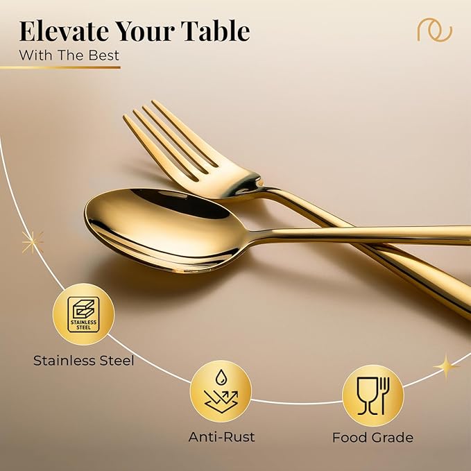 Cutlery (Set of 12, Stainless Steel PVD Gold Spoons - 6 and Forks - 6), 100% Food Grade, Non Toxic, Anti-Rust, Dishwasher Safe, Perfect Gifting Set for All Occasions