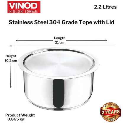 Vinod Stainless Steel 304 Grade Tope/Patila/Topiya with Lid Induction and Gas Stove Friendly, 2 Year Warranty, Silver