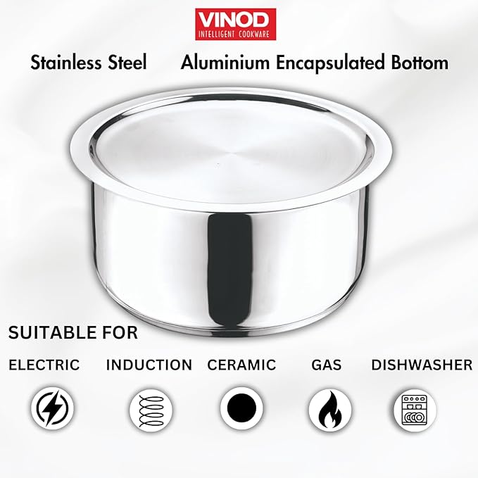 Vinod Stainless Steel 304 Grade Tope/Patila/Topiya with Lid Induction and Gas Stove Friendly, 2 Year Warranty, Silver