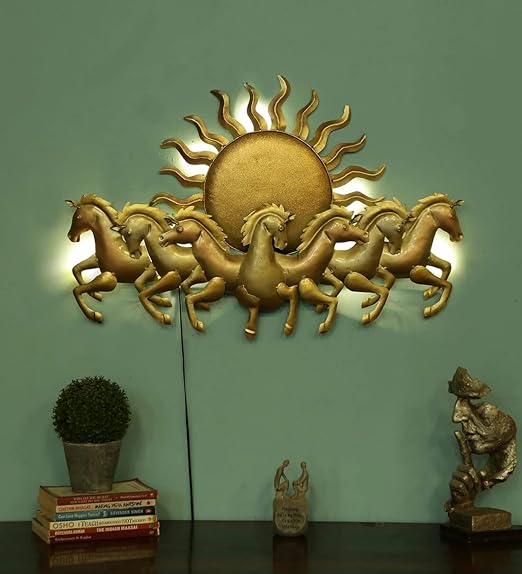Iron Metal Wall Hanging SUN SEVEN HORSE Wall Arts for Home, Living Room, Bedroom, Hotel, Bar, Wall Decor for Cafe| VASTU | Color: Gold| Dimension 56 * 2 * 28 inch
