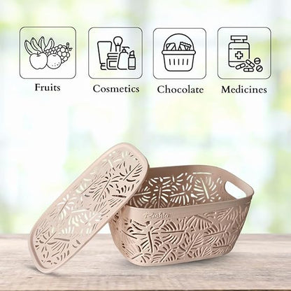 Monstera Design Plastic Storage Basket with Lid  | Multipurpose Organizer Box for Kitchen, Bathroom, Toys & Office | Nestable, Durable & Elegant