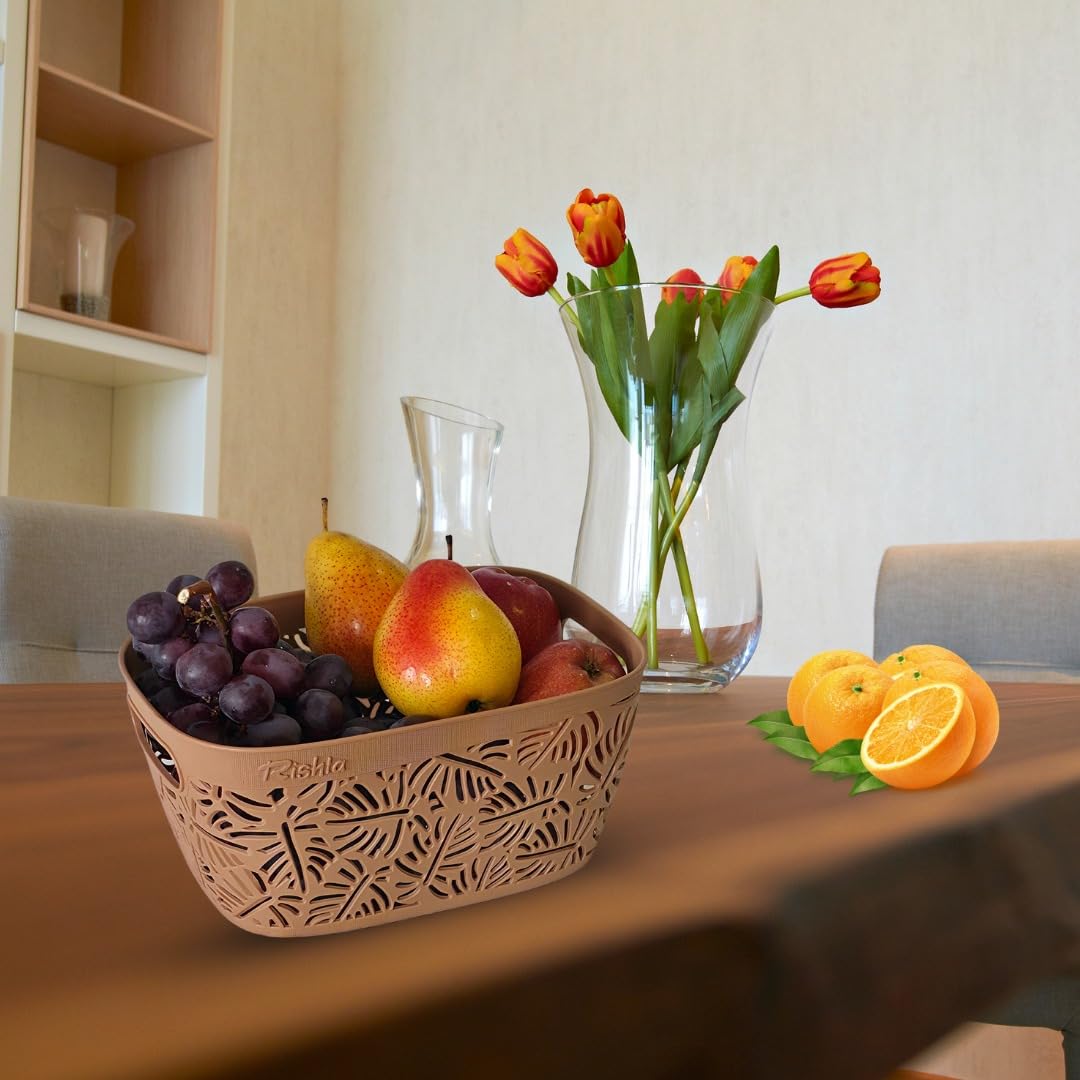 Monstera Design Plastic Storage Basket with Lid  | Multipurpose Organizer Box for Kitchen, Bathroom, Toys & Office | Nestable, Durable & Elegant