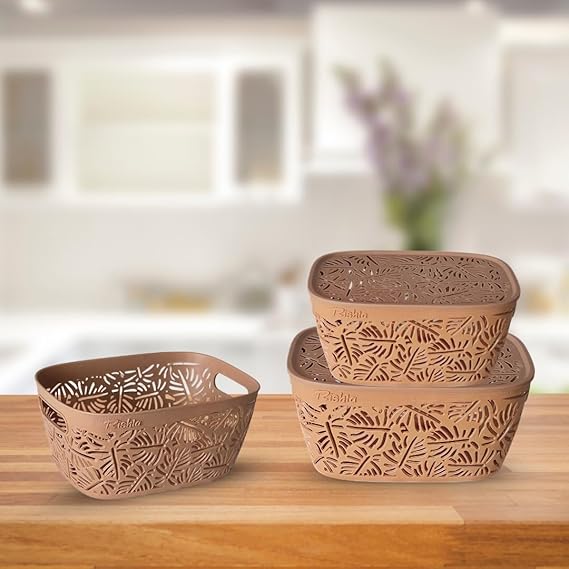 Monstera Design Plastic Storage Basket with Lid  | Multipurpose Organizer Box for Kitchen, Bathroom, Toys & Office | Nestable, Durable & Elegant