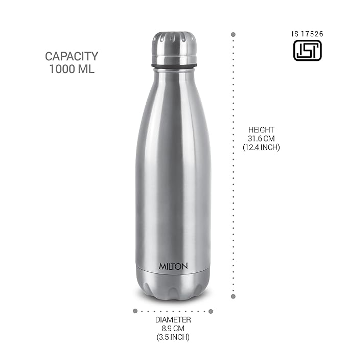 Milton Duo DLX 1000 Thermosteel Water Bottle 1 LTR, 24 Hr Hot and Cold I Leak Proof Lid, ISI Certified I Vacuum Insulated I for Office, Gym, School I Silver