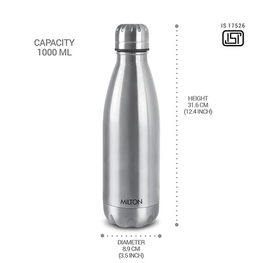 Milton Duo DLX 1000 Thermosteel Water Bottle 1 LTR, 24 Hr Hot and Cold I Leak Proof Lid, ISI Certified I Vacuum Insulated I for Office, Gym, School I Silver