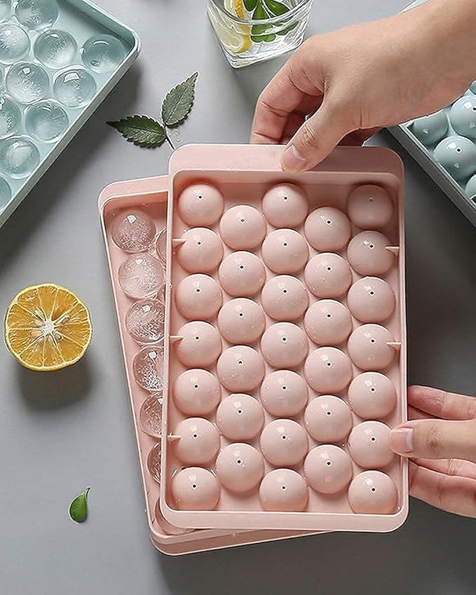 Mini Round Ice Cube Tray with Lid Ball Maker for Fresh Juice, Mocktails, Whiskey, Cocktails, Tea & Coffee 33 Cavity, Easy Release Stackable in Freezer , Pink