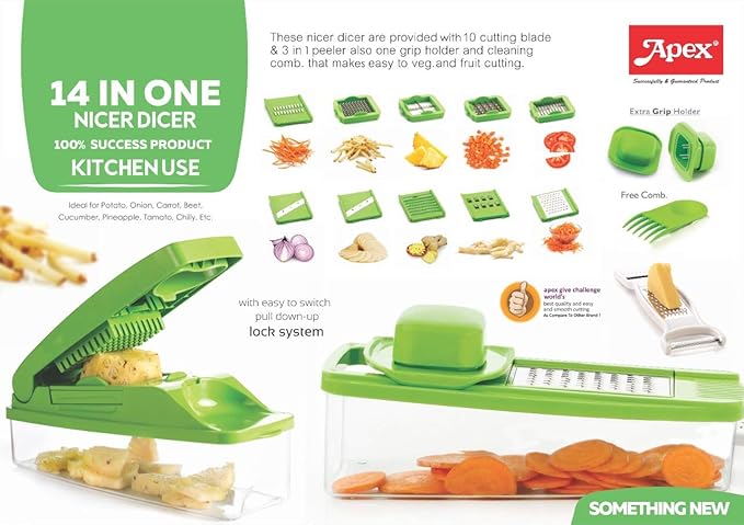 KITCHENWARE ARTICLES Plastic 14 in 1 Greater Slicer Dicer (Green)