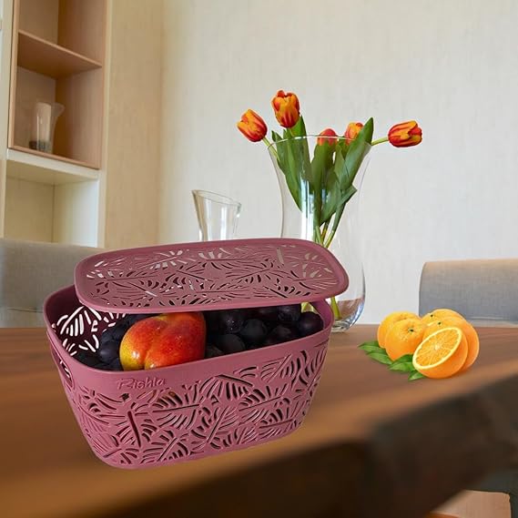 Monstera Design Plastic Storage Basket with Lid  | Multipurpose Organizer Box for Kitchen, Bathroom, Toys & Office | Nestable, Durable & Elegant