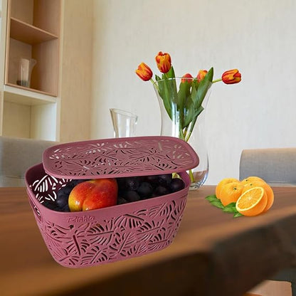 Monstera Design Plastic Storage Basket with Lid  | Multipurpose Organizer Box for Kitchen, Bathroom, Toys & Office | Nestable, Durable & Elegant