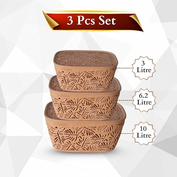 Monstera Design Plastic Storage Basket with Lid – Set of 3 | Multipurpose Organizer Box for Kitchen, Bathroom, Toys & Office | Nestable, Durable & Elegant