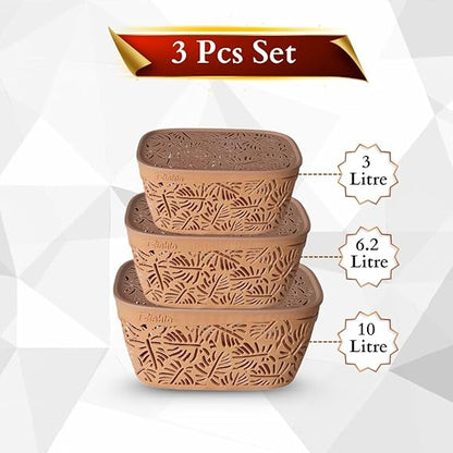 Monstera Design Plastic Storage Basket with Lid – Set of 3 | Multipurpose Organizer Box for Kitchen, Bathroom, Toys & Office | Nestable, Durable & Elegant