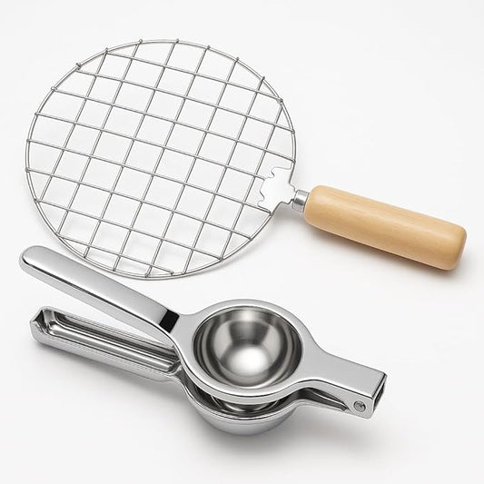 Premium Stainless Steel Hand Press Lemon Squeezer | Manual Citrus Juicer for Home & Restaurant (Squeezer & Roster)