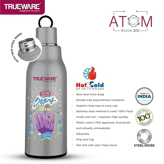 Trueware Atom 800 Insulated Inner Stainless Steel Water Bottle, 800 ml, Stainless steel finish|Black | Leak Proof | BPA Free | Hot or Cold for Hours | Office | Gym | Hiking | Treking | Travel Bottle