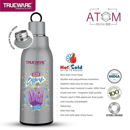 Trueware Atom 800 Insulated Inner Stainless Steel Water Bottle, 800 ml, Stainless steel finish|Black | Leak Proof | BPA Free | Hot or Cold for Hours | Office | Gym | Hiking | Treking | Travel Bottle