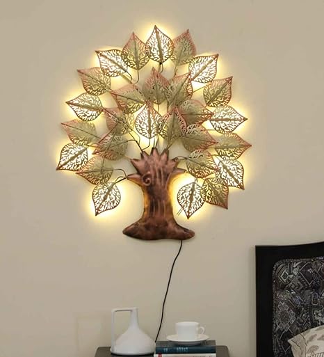 Golden Leaves Tree Handcrafted Iron Wall Hanging with Background LED's
