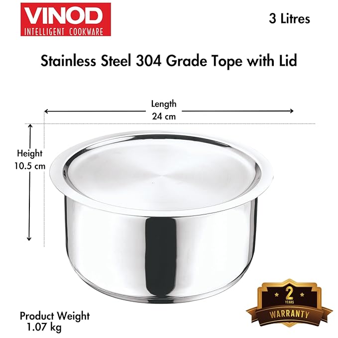Vinod Stainless Steel 304 Grade Tope/Patila/Topiya with Lid Induction and Gas Stove Friendly, 2 Year Warranty, Silver