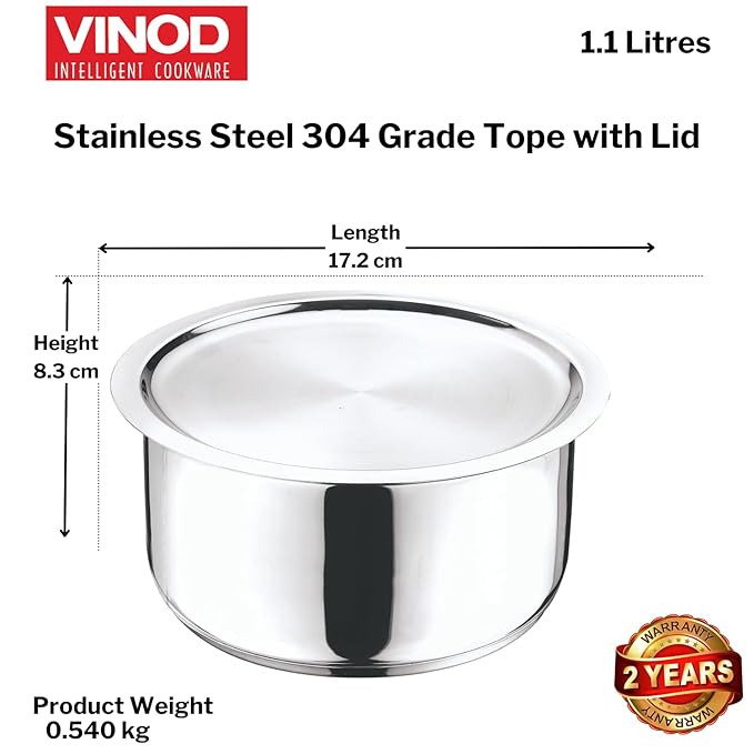 Vinod Stainless Steel 304 Grade Tope/Patila/Topiya with Lid Induction and Gas Stove Friendly, 2 Year Warranty, Silver