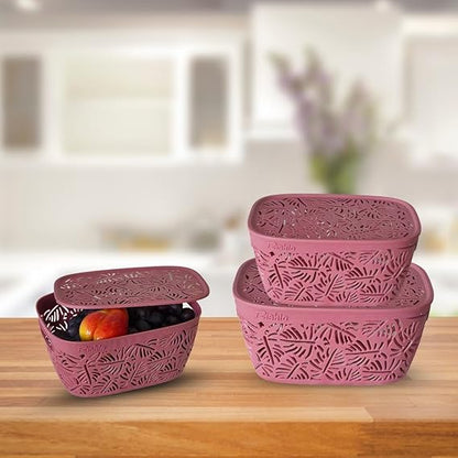 Monstera Design Plastic Storage Basket with Lid – Set of 3 | Multipurpose Organizer Box for Kitchen, Bathroom, Toys & Office | Nestable, Durable & Elegant