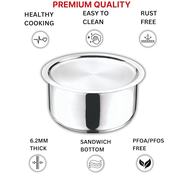 Vinod Stainless Steel 304 Grade Tope/Patila/Topiya with Lid Induction and Gas Stove Friendly, 2 Year Warranty, Silver