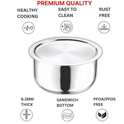 Vinod Stainless Steel 304 Grade Tope/Patila/Topiya with Lid Induction and Gas Stove Friendly, 2 Year Warranty, Silver