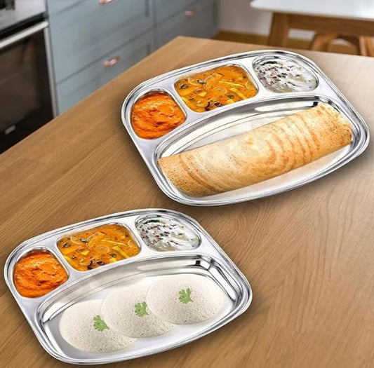 4in1 Stainless Steel Plates with Compartments | Dosa Tiffin Partition Plate | Breakfast Thali for Lunch/Dinner