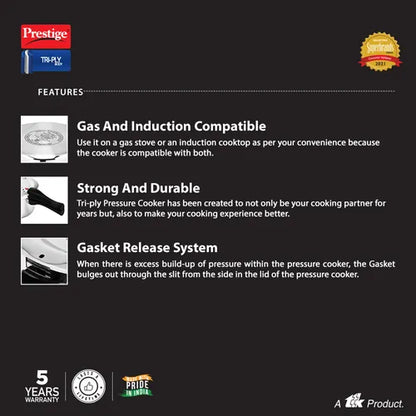 Prestige Svachh Triply Outer Lid Pressure Cooker with Unique Deep Lid for Spillage Control, 3.5 Litre, Silver
