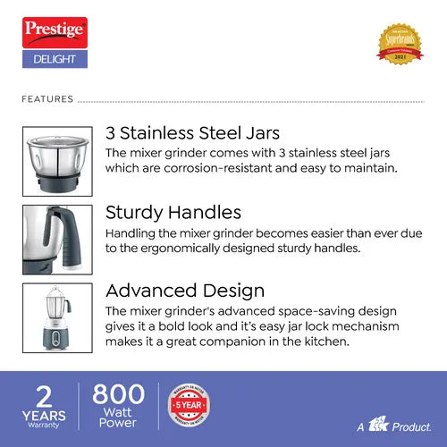 Prestige Delight 750 W Mixer Grinder, 3 Stainless Steel Jars (1500 ml, 1000 ml, 300 ml) (Charcoal Grey)