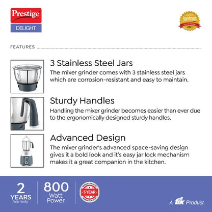 Prestige Delight 750 W Mixer Grinder, 3 Stainless Steel Jars (1500 ml, 1000 ml, 300 ml) (Charcoal Grey)